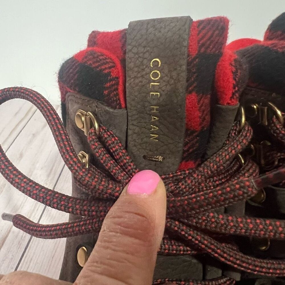 Cole Haan Grand Explore Brown Suede Ankle Boots Wool Buffalo Plaid Red Black Sz - Picture 5 of 10